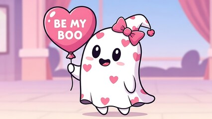 Cute ghost holding heart balloon