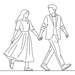 Couple walking hand in hand in minimalist line art style Vector