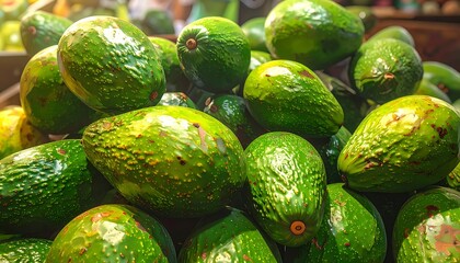 Piled ripe avocados showcase textured green skins, brown stems, and speckled surfaces under warm light