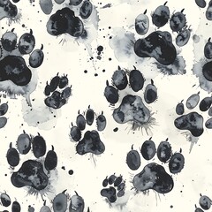 Paw prints pattern in monochrome, splashed and blurred, on an off-white background, evoking motion and playful animal energy