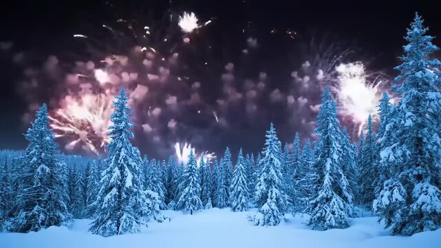 Fireworks display over snowy evergreen forest at night time