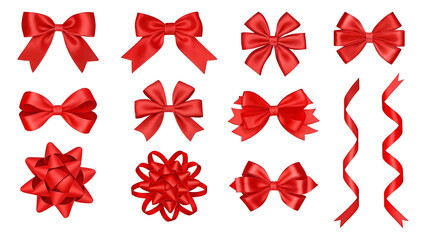 Set of realistic red silk gift bows and curly ribbons isolated on transparent background