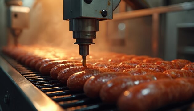 Automated machine grills rows of sausages on conveyor belt. Industrial cooking equipment processes meat for fast food production. Precision grilling ensures consistent food quality.