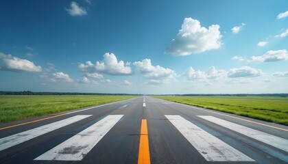 Fototapeta premium Empty airport runway stretches towards horizon under bright blue sky with fluffy clouds. Asphalt path marked with white and yellow lines is ready for aircraft.