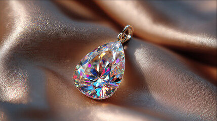 Pear shaped diamond pendant resting on a shimmering golden satin fabric surface in a close up view