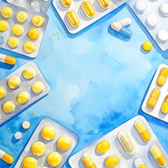 Pills & capsules in blister packs arranged around a vibrant blue watercolor background, creating a frame-like effect