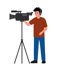 Professional cameraman stands with camera. Man in brown shirt and blue pants holding camera on tripod. Flat vector illustration.
