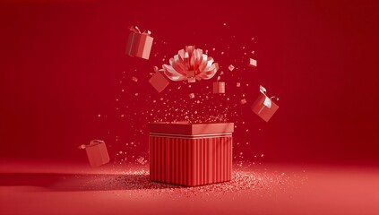 Red Gift Box with Ribbon Explosion on Transparent Background