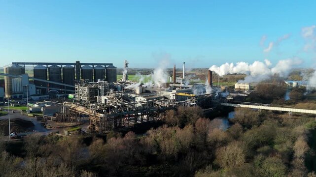 Aerial drone video of major sugar factory and industrial processing site near Wissington England