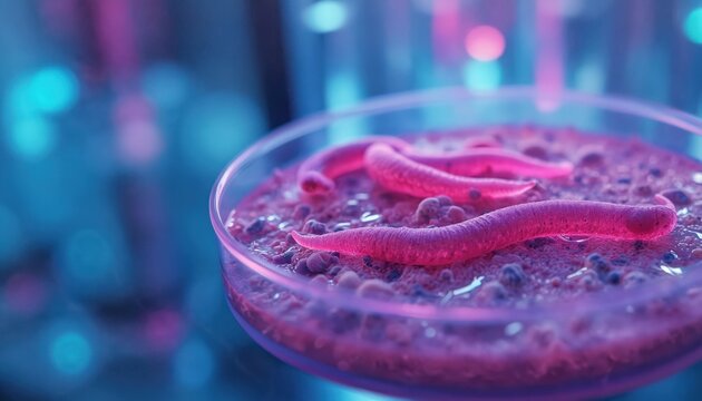 Parasitic worms visible in petri dish closeup. Scientific research on disease and health concerns in lab setting with pink and blue lighting. Microscopic analysis for medical study.