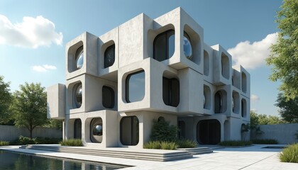 Concrete building with modular cube structure. Unique rounded windows, minimalist design elements define modern home. Green trees, blue sky create natural contrast with urban architecture. Small pool