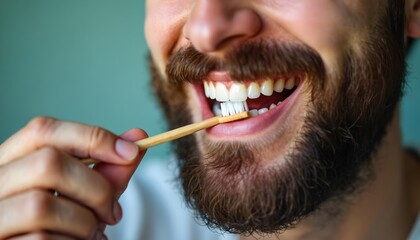 Man with full beard brushes teeth with bamboo toothbrush. Close up on male smile and white teeth. Healthy oral care routine. Personal hygiene for adult man.