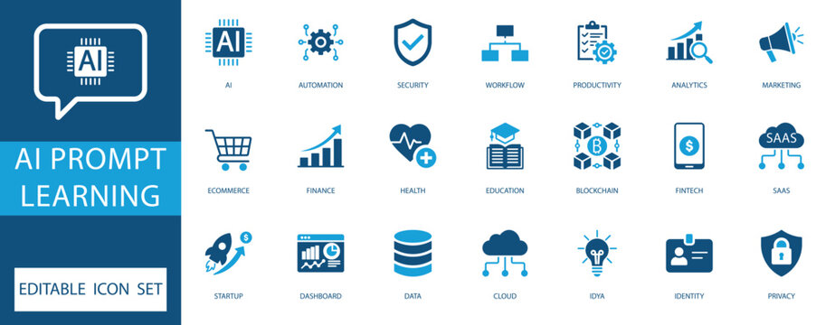 AI prompt learning icon set. featuring flat vector symbols for artificial intelligence, automation, machine learning, fintech, and data analytics.
