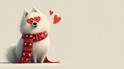 Charming white dog in romantic winter scene, Valentine Playful dog adorned with scarf beside heart design postcard