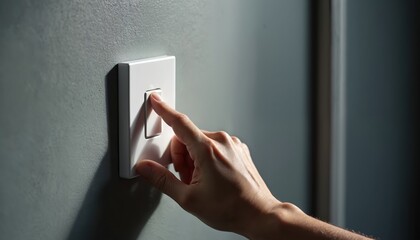 Person presses light switch on gray wall. Finger activates electric power control for room illumination. Hand turns light on or off at home.