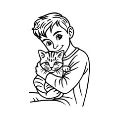 Black and White Line Art of a Boy with Kitten, Cute Boy Hugging His Cat Vector Line Art, Minimalist One Line Drawing of Boy and Cat