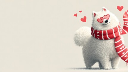 Charming white dog in romantic winter scene, Valentine Playful dog adorned with scarf beside heart design postcard