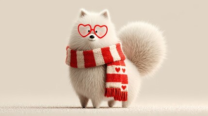 Charming white dog in romantic winter scene, Valentine Playful dog adorned with scarf beside heart design postcard