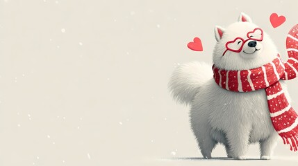 Charming white dog in romantic winter scene, Valentine Playful dog adorned with scarf beside heart design postcard