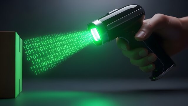 Hand holding scanner projecting binary code on box - Powered by Adobe