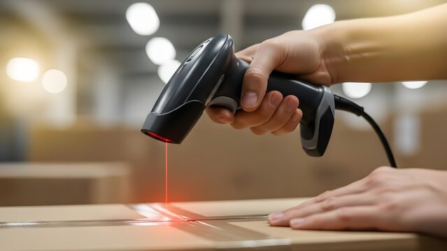 Hand scanning box with red laser light in warehouse logistics - Powered by Adobe