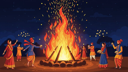 Warmth of the Bonfire: A vibrant illustration captures the essence of a lively gathering, with a roaring bonfire at its heart.