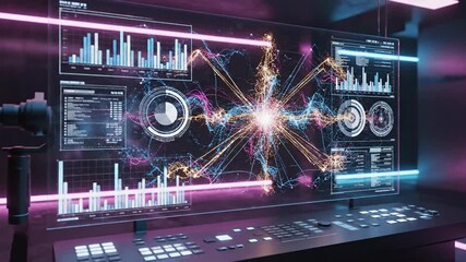 A futuristic holographic dashboard displays complex big data visualization, featuring glowing charts and analytics for advanced business intelligence - Powered by Adobe