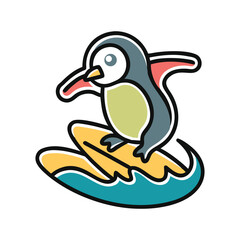 Cool Penguin Riding a Surfboard Vector, Surfing Penguin Mascot Vector, Funny Cartoon Penguin on Surfboard