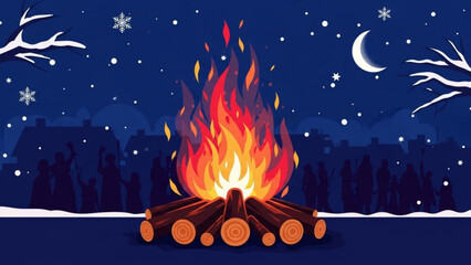 Enchanting Bonfire Gathering: A vibrant bonfire casts a warm, inviting glow against a starry winter night sky, igniting a sense of community and celebration among the people. 