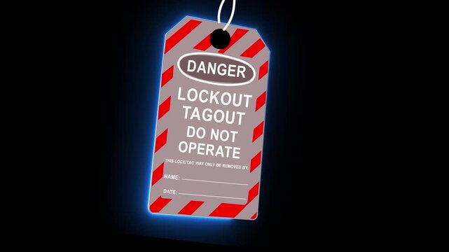 Lockout tagout safety sign hangs on industrial machinery belts to prevent operation and ensure worker protection in hazardous environments 4k video...