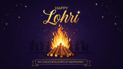 Lohri Festive: A vibrant bonfire dances under the stars, accompanied by silhouettes celebrating Lohri. The glowing flames symbolize warmth and a fresh start. A cheerful text wishes joy and prosperity.