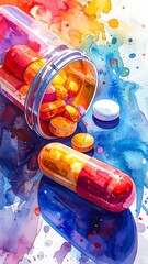 Pills spilled from clear bottle on vibrant watercolor background in a fluid art style