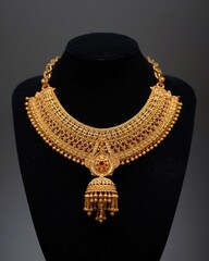 Intricate gold necklace with ruby accents