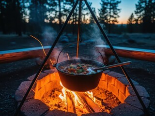 Camping delight: savory stew cooking over campfire