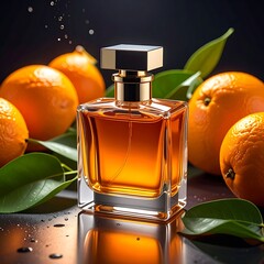 Perfume bottle amidst oranges and greenery, showcasing an amber liquid on a dark surface with scattered drops
