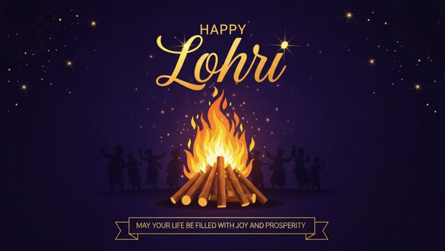 Lohri Festive: A vibrant bonfire dances under the stars, accompanied by silhouettes celebrating Lohri. The glowing flames symbolize warmth and a fresh start. A cheerful text wishes joy and prosperity. - Powered by Adobe