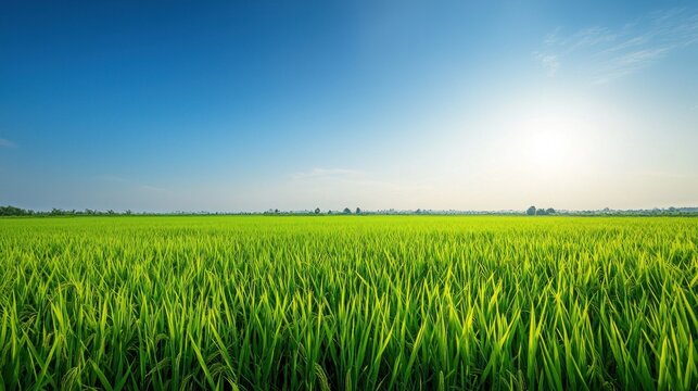 A vibrant green rice field under a clear blue sky with a bright sun shining down.