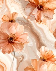 Peach flowers cascade across swirling beige marble-like patterns in a delicate, seamless, watercolor-style design