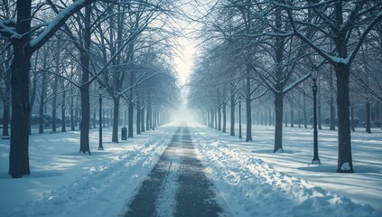 Snowy Forest Pathway in Winter Wonderland Landscape