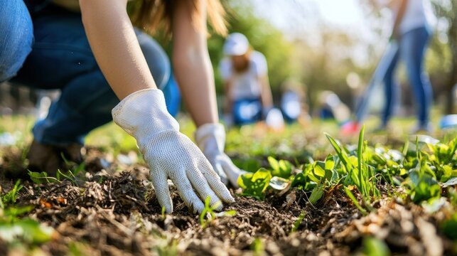 A person planting a seedling in a garden, surrounded by other volunteers and greenery. - Powered by Adobe