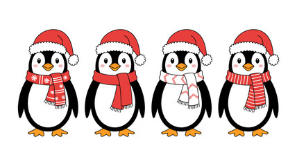 A cheerful group of four cartoon penguins adorned in festive santa hats and cozy winter scarves