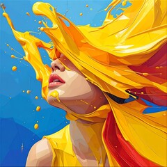 Paint cascading over a woman's face in abstract art, against vibrant blue