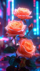 Peach roses glisten in a garden, set against a vibrant, blurred cityscape, creating a dreamlike ethereal atmosphere