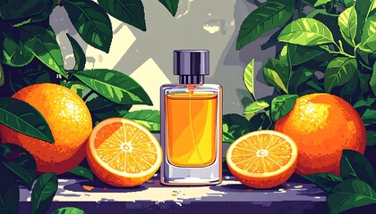 Perfume bottle amidst oranges and lush foliage, bathed in soft light, creating a refreshing and vibrant scene
