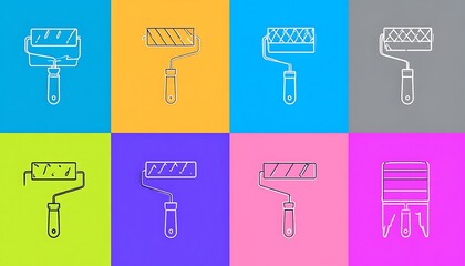 Paint roller icon pattern variety of color backgrounds, simple white outline of tool and roller application device