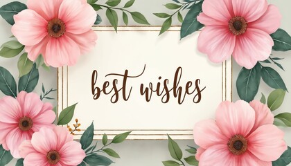Elegant card with pink flowers and green leaves, says best wishes in cursive. Perfect for wedding invites, anniversaries, birthdays, or any special occasion greeting. Also great for thank you notes.