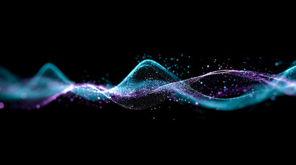 水色と紫の光り輝く粒子が描くデジタルウェーブ