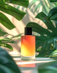 Perfume bottle golden liquid, clear base, black cap, set amidst lush green tropical foliage