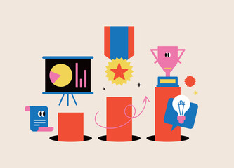Achieving Success Metrics, Awards, and Innovation. Cute style illustration. Abstract image.