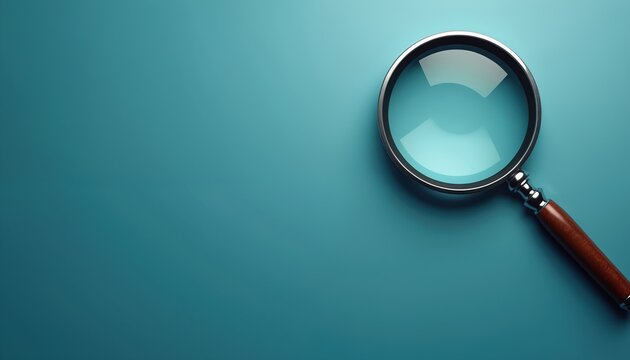 Magnifying glass rests on teal background suggesting research, discovery. Tool aids in detailed examination, finding information. Explore ideas, analyze data, uncover insights with simple object.